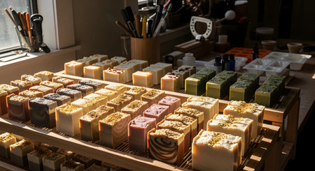 Rows of colorful, handmade artisan soap bars, topped with dried botanicals, are neatly arranged on wooden curing racks. The scene, set in a workshop bathed in natural light, represents a thriving small business focused on natural, handcrafted skincare.の素材