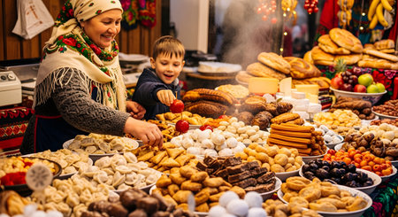 A smiling woman in traditional headscarf and a happy young boy are at a vibrant and abundant food stall, likely at an Eastern European or Russian Christmas market. The stall is laden with a huge variety of traditional foods like dumplings, pastries, and candied apples.の素材