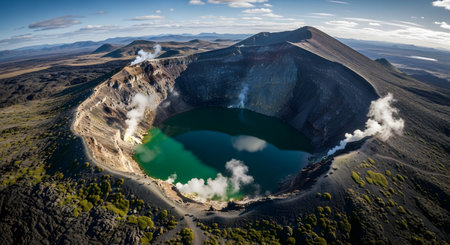 A stunning aerial photograph captures a massive volcanic crater holding a tranquil, turquoise-green lake. Steam rises from several geothermal vents along the crater's rim, showcasing the raw geological power and beauty of a dormant or active volcano.の素材