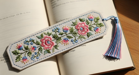 An exquisite, handcrafted bookmark with intricate floral embroidery in pink and blue rests inside the pages of an open book. This beautiful image highlights the elegance of needlecraft and the simple pleasures of reading, making a perfect gift for a book lover.の素材