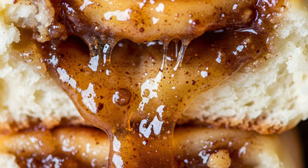 An extreme macro shot of a gooey cinnamon roll, with the sweet, brown sugar and cinnamon filling oozing between the layers of soft bread. The delicious, sticky texture is highlighted in sharp detail, creating a mouth-watering image.の素材