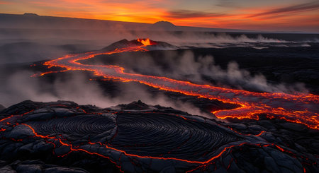A breathtaking and powerful landscape shot of a volcano erupting at sunset. A glowing river of molten lava snakes through a vast field of black, cooled volcanic rock, with steam rising into the dramatic, colorful sky. This image captures the raw, formidable power and beauty of nature.の素材