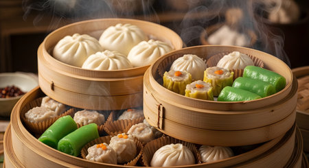 Several bamboo steamers are stacked and filled with a delicious assortment of freshly steamed dim sum. The hot vapor rises from classic dishes like shumai and baozi, creating an inviting and authentic Cantonese yum cha experience.の素材