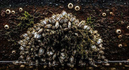A dense cluster of gooseneck barnacles, with their distinctive white shells and dark stalks, clings to a wet, dark rock surface. This close-up photograph captures the strange and beautiful texture of these unique marine crustaceans.の素材