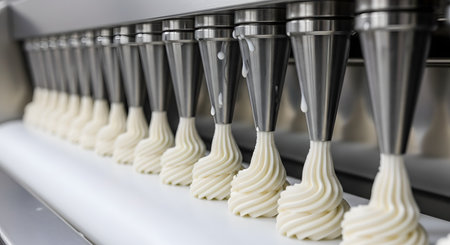 A close-up of a food processing machine in a factory, with a row of stainless steel nozzles precisely dispensing swirls of white cream, frosting, or meringue onto a production line. The image highlights automation, precision, and mass production in the food industry.の素材