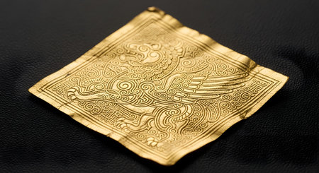 A macro photograph of an ancient Scythian gold plaque, a historical artifact, resting on a black textured surface. The thin, crumpled gold foil is intricately embossed with a detailed design of a mythical griffin, showcasing ancient craftsmanship.の素材