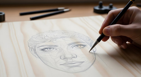 An artist's hand is shown in close-up, skillfully sketching a realistic portrait of a woman's face directly onto a light-colored wooden panel. The detailed pencil drawing showcases artistic talent, creativity, and the process of creating fine art.の素材
