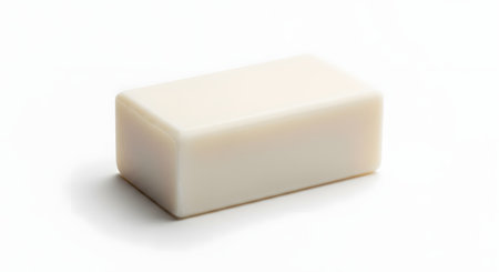 A simple, minimalist product shot of a plain, rectangular bar of off-white soap resting on a clean white background. The image is clean and bright, perfect for use as a mockup for branding or to represent basic hygiene and cleanliness. There are no distinguishing marks on the soap.の素材
