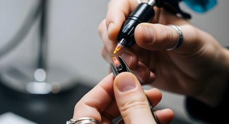 A close-up, macro shot of a tattoo artist's hands meticulously adjusting a needle cartridge on a tattoo machine using a pair of tweezers. This image highlights the precision, preparation, and sterile technique involved in the professional art of tattooing.の素材