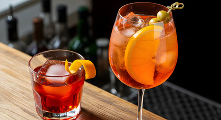 Two iconic Italian cocktails, a deep red Negroni with an orange peel twist and a vibrant orange Aperol Spritz with an orange slice and olives, are beautifully presented on a wooden bar top. The classic aperitifs create a sophisticated and social atmosphere.の素材