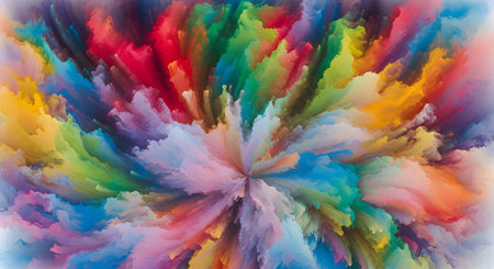 An explosion of vibrant, colorful paint radiates outwards from a central point, creating a dynamic and energetic abstract background. The mixture of rainbow-colored clouds and splashes evokes creativity, joy, and motion.の素材