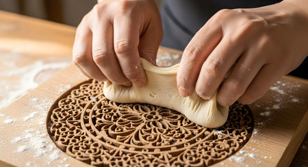 A close-up of a baker's hands pressing and shaping a piece of soft, pliable dough into an intricately carved wooden mold. Flour dusts the surface of the mold, which has a beautiful floral or mandala pattern, used for making traditional patterned pastries like mooncakes. This image showcases the art of traditional baking and craftsmanship.の素材