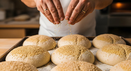 A close-up of a baker's hands sprinkling sesame seeds over rows of raw burger bun dough on a baking sheet before baking. The action shot captures a key step in the bread-making process in a professional bakery kitchen.の素材