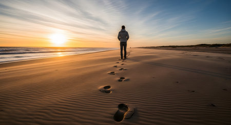 A lone man walks along a vast, rippled sand beach towards the setting sun, leaving a trail of footprints behind him. The peaceful and contemplative scene evokes feelings of solitude, journey, introspection, and tranquility.の素材