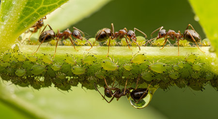 A detailed macro shot shows a line of ants meticulously farming a large colony of green aphids that are feeding on a plant stem. This incredible display of symbiosis in nature captures the intricate and organized world of insects.の素材