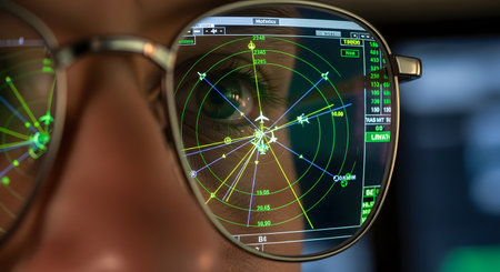 A close-up of an air traffic controller's eye, with the complex green and yellow data from a radar screen reflected in their glasses. This image conveys intense focus, surveillance, and the high-stakes nature of aviation control.の素材