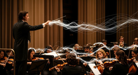 An orchestra conductor in a tuxedo passionately leads the musicians, with magical, flowing streams of light emanating from his baton and connecting with the orchestra. This conceptual image represents the power of music, leadership, harmony, and the magic of a live classical performance.の素材