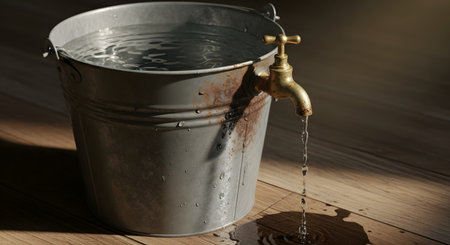 A conceptual image of a rustic metal bucket filled with water that is slowly leaking from a rusty brass spigot on its side. Water drips onto the wooden floor below, forming a small puddle. The image can represent concepts like waste, loss, imperfection, or an unsolvable problem.の素材