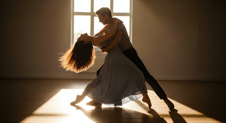A couple shares an intimate and passionate dance in a room filled with warm, natural light from a large window. The man dips the woman, her long hair flying, creating a romantic and graceful silhouette that captures the beauty of movement and connection.の素材