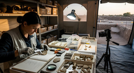 A dedicated female archaeologist works diligently inside a field tent at an excavation site, measuring and documenting ancient pottery fragments by lamplight as dusk settles outside. The scene portrays the meticulous process of scientific research, discovery, and history.の素材
