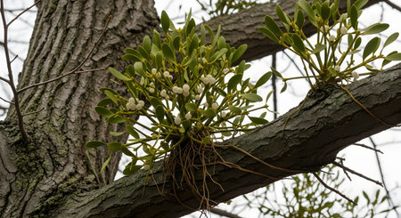 A clump of mistletoe, a parasitic plant with green leaves and white berries, grows on the branch of a host tree. The plant's roots are visibly attached to the bark, illustrating a parasitic relationship in nature.の素材