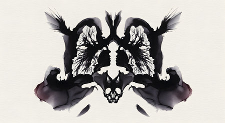 A complex, symmetrical inkblot reminiscent of the Rorschach test used in psychology, set against a textured paper background. The black ink forms ambiguous shapes that can be interpreted in many ways, symbolizing psychology, perception, and the subconscious mind.の素材