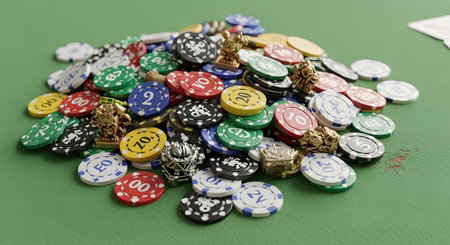 A close-up shot of a messy pile of colorful poker chips and small golden game pieces on a green casino table. The chips have various denominations and symbols, including the British pound sign, suggesting a high-stakes game.の素材