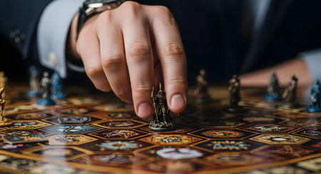A close-up of a man's hand strategically moving a detailed miniature warrior pawn across a complex, hexagonal fantasy board game. The scene captures the immersive experience of tabletop gaming, strategy, and recreation.の素材