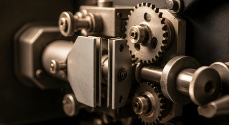 A detailed macro shot of the intricate metal gears, sprockets, and shutter mechanism of a vintage 8mm or 16mm film projector. The image highlights the mechanical precision of old cinema technology and the art of filmmaking.の素材