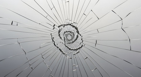 A sheet of glass is shattered with cracks radiating outwards from a central impact point, creating a spiral pattern. This abstract background image of broken glass can symbolize concepts like destruction, fragility, breakthrough, or psychological stress.の素材