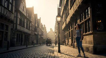 A young woman with a backpack stands on a charming cobblestone street, looking up at the historic half-timbered houses of an old European town. The warm, hazy sunlight and a distant horse-drawn carriage enhance the timeless, picturesque atmosphere of travel and discovery.の素材