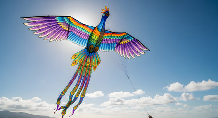 A large, beautifully crafted kite in the shape of a peacock with vibrant, rainbow-colored wings and a long tail flies high in a blue sky with soft clouds. This image evokes feelings of joy, freedom, and summer fun.の素材