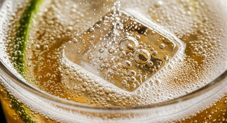 A refreshing macro shot captures the effervescence of a carbonated beverage, with countless bubbles rising around a large, clear ice cube. A slice of lime is visible in the golden-colored fizzy drink, evoking the feeling of a cool, crisp soda or cocktail.の素材