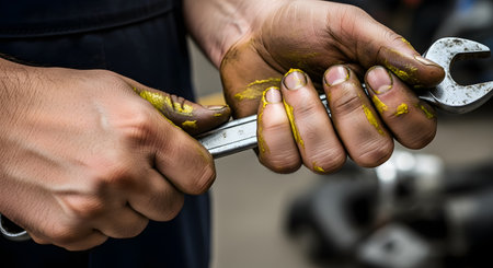 A gritty, close-up image shows the hands of a mechanic or manual laborer, stained with yellow grease, firmly gripping a metal wrench. The dirt and grime on the hands and under the fingernails are a testament to hard work and the hands-on nature of the job. The shot captures the reality of blue-collar labor.の素材