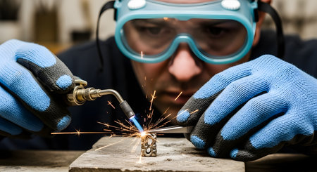 A jeweler, wearing protective goggles and gloves, uses a small blowtorch to solder a detailed metal piece. Sparks fly as the focused artisan performs the delicate work of crafting or repairing jewelry in a workshop.の素材