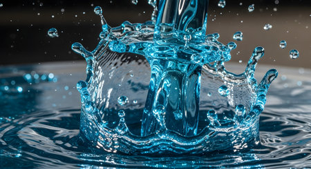 A dynamic, high-speed photograph captures a dramatic crown splash in vibrant blue water. Individual droplets are frozen in mid-air as they fly out from the central impact point. This energetic and refreshing image represents purity, motion, and the power of water.の素材