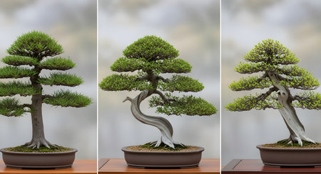 A triptych showing three different, meticulously cared for bonsai trees, each in its own ceramic pot. The miniature trees display unique shapes and lush green foliage, showcasing the ancient art of bonsai. The image represents patience, nature, harmony, and the art of horticulture.の素材