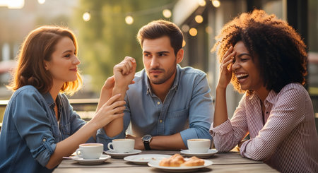 A diverse group of three young friends share a joyful moment, laughing and conversing at a table at an outdoor cafe. The warm, golden light and their relaxed interaction create a happy scene of friendship, communication, and socializing.の素材