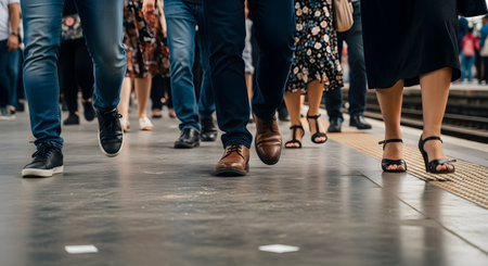 A low-angle perspective captures the legs and feet of a diverse crowd of people walking on a station platform. The variety of footwear and clothing, from casual jeans and sneakers to professional attire, suggests a busy commute or travel scene. The motion and anonymity of the crowd convey the hustle and bustle of urban life.の素材