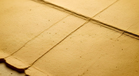 A detailed macro photograph captures the texture and creases of a sheet of old, yellowed paper or parchment. The visible fold lines and subtle specks create a sense of age and history, making it an ideal background for vintage or historical themes. The warm, soft lighting enhances the paper's texture and antique feel.の素材