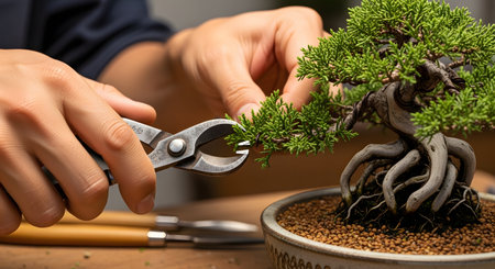 A close-up shot of an artisan's hands meticulously pruning a juniper bonsai tree with specialized clippers. The focus is on the act of care, patience, and the art of shaping the miniature tree, which sits in a traditional ceramic pot.の素材