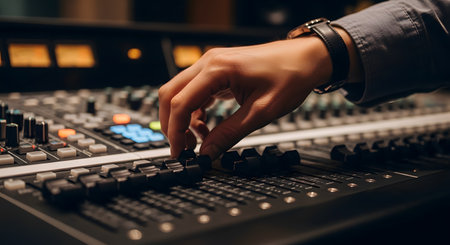 The hand of a sound engineer or music producer is seen pushing faders on a large, professional audio mixing console in a recording studio. The warm, low-light environment suggests a creative session focused on mixing, recording, or live sound production.の素材