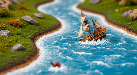 A highly detailed miniature model of a vintage tall ship sails on a dynamic, winding river. The scene is shot with a tilt-shift effect, creating a shallow depth of field that makes the diorama look like a tiny, realistic world, evoking themes of adventure, journey, and exploration.の素材