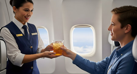 A smiling flight attendant in uniform serves a cold drink to a female passenger who is seated by the airplane window. The interaction is friendly and professional, highlighting in-flight service and hospitality.の素材
