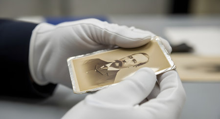 An archivist or curator wearing white cotton gloves carefully handles a fragile, antique sepia photograph of a man. The careful handling suggests the importance of preserving history, memories, and fragile artifacts in a museum, archive, or library.の素材