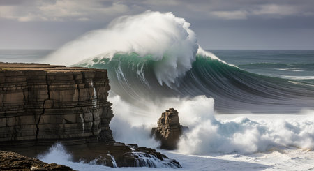 A massive, powerful ocean wave with a crest of white foam curls and builds, about to crash against a rugged, layered rock cliff. The dramatic scene captures the raw power and force of nature under a cloudy sky.の素材