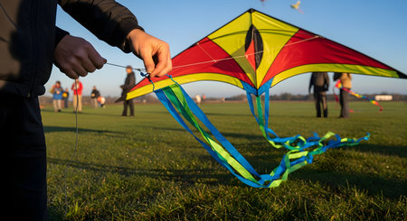 A close-up of a person's hands adjusting the string on a large, colorful kite with yellow, red, and blue patterns. The scene takes place in a grassy field on a sunny day, with other people and kites visible in the background, suggesting a festival or recreational activity.の素材