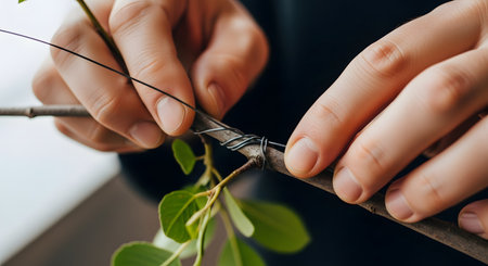 A detailed close-up shows a person's hands carefully wrapping thin wire around the delicate branch of a small tree. This is the precise technique of wiring used in the art of bonsai to shape and guide the plant's growth, symbolizing patience, care, and horticulture.の素材