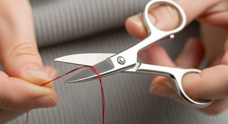 A macro close-up shot of a pair of hands holding small, silver embroidery scissors to precisely cut a thin red thread. The simple action is set against a plain grey fabric background, highlighting the focus on the craft of sewing or needlework.の素材