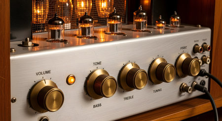 A vintage high-fidelity tube amplifier is shown with its vacuum tubes glowing warmly, creating a nostalgic and inviting atmosphere. The brushed metal faceplate and chunky brass knobs for volume, tone, and tuning highlight the classic design and superior sound quality of retro audio equipment.の素材